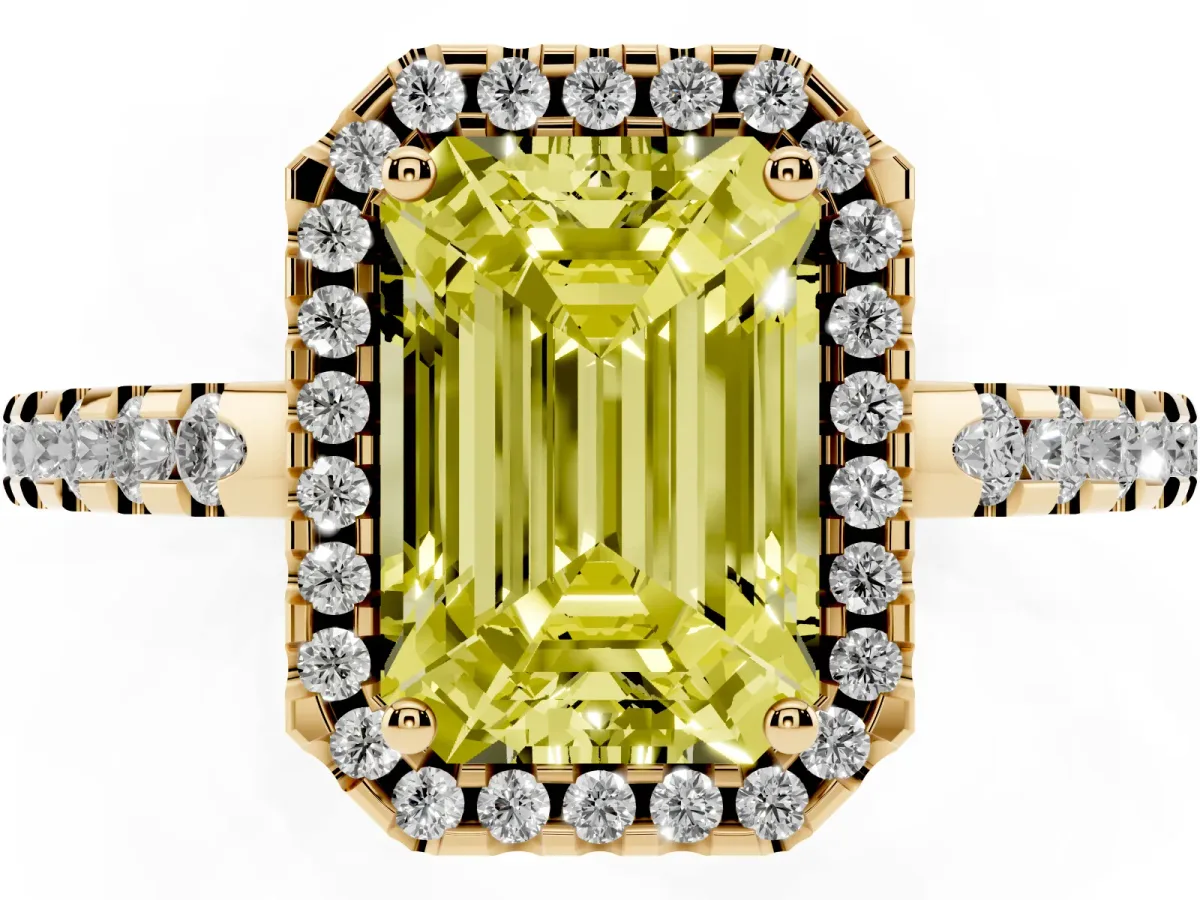 Fancy Yellow Emerald Cut Diamond Halo Engagement Ring with Pavé Band and Prong Setting Yellow gold