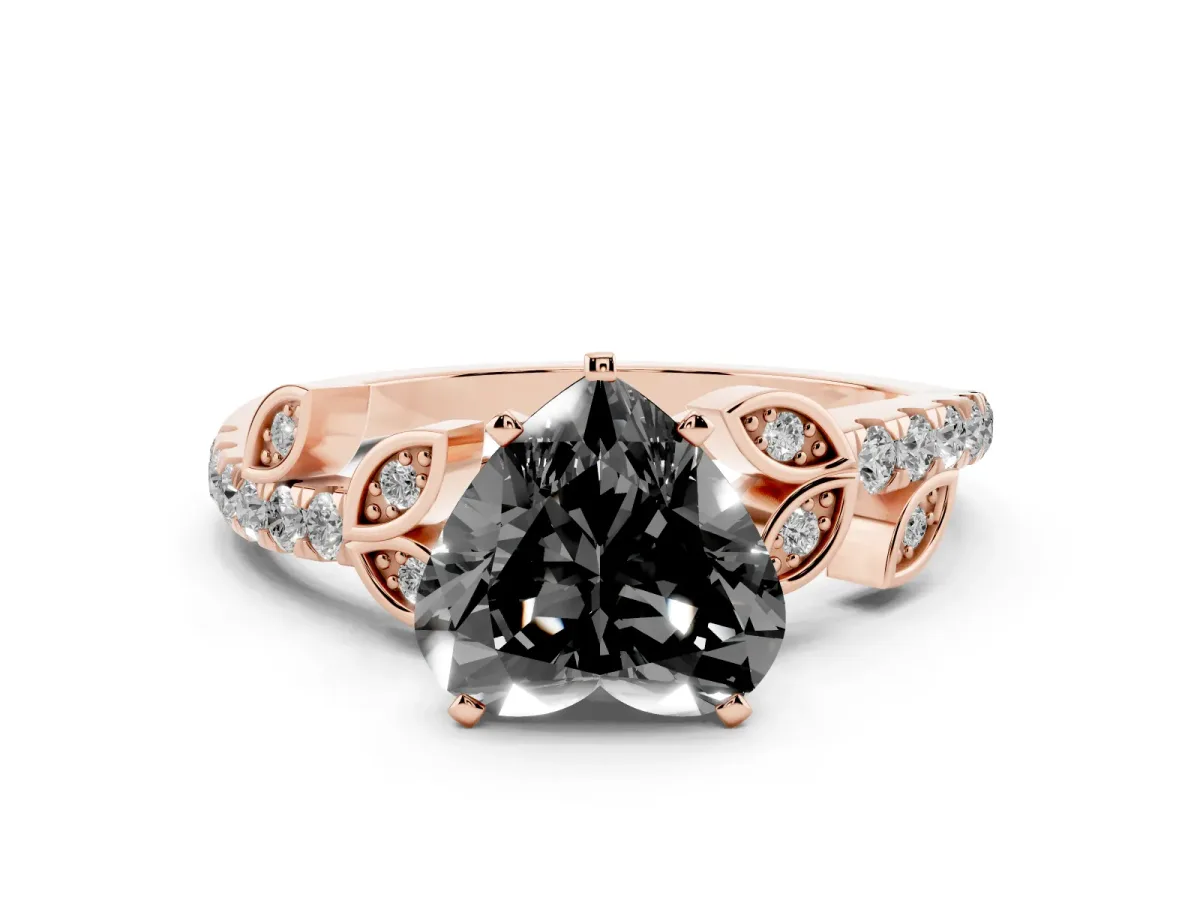 Fancy Black Heart Cut Solitaire Leaf-Inspired Diamond Ring with Pavé Band and Four-Prong Setting Rose gold
