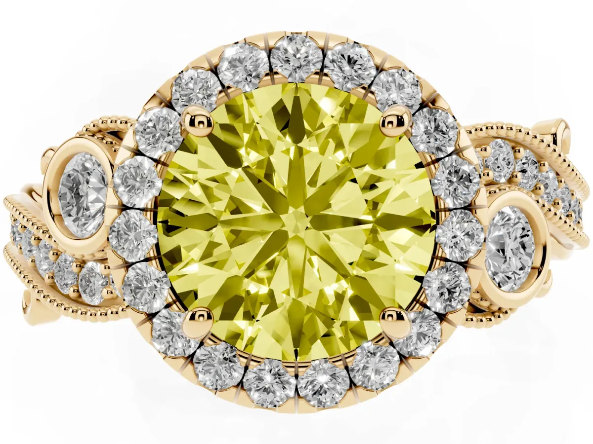 Fancy Yellow Round Cut Diamond Halo Ring with Milgrain Pavé Band and Four-Prong Setting Yellow gold