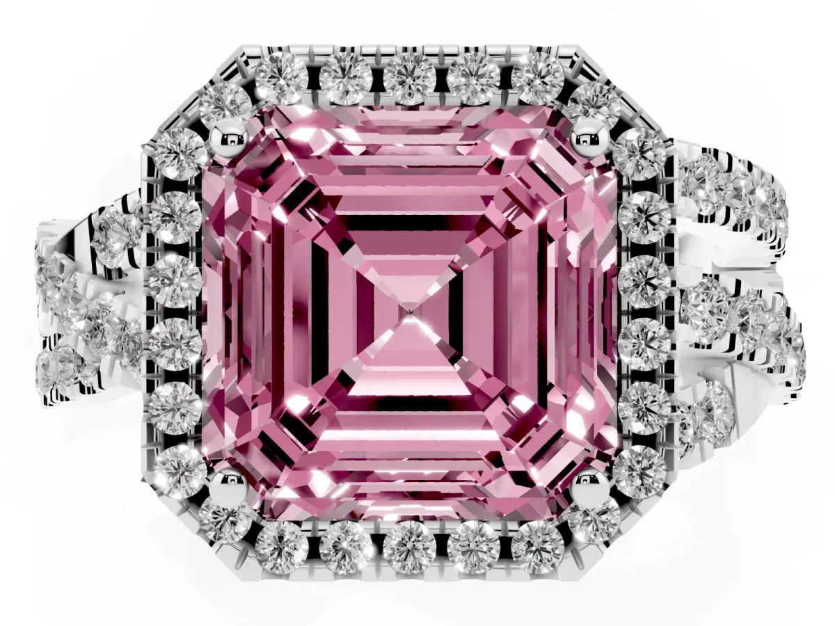 Fancy Pink Asscher Cut Diamond Halo Ring with Round Split Shank and Prong Setting Silver