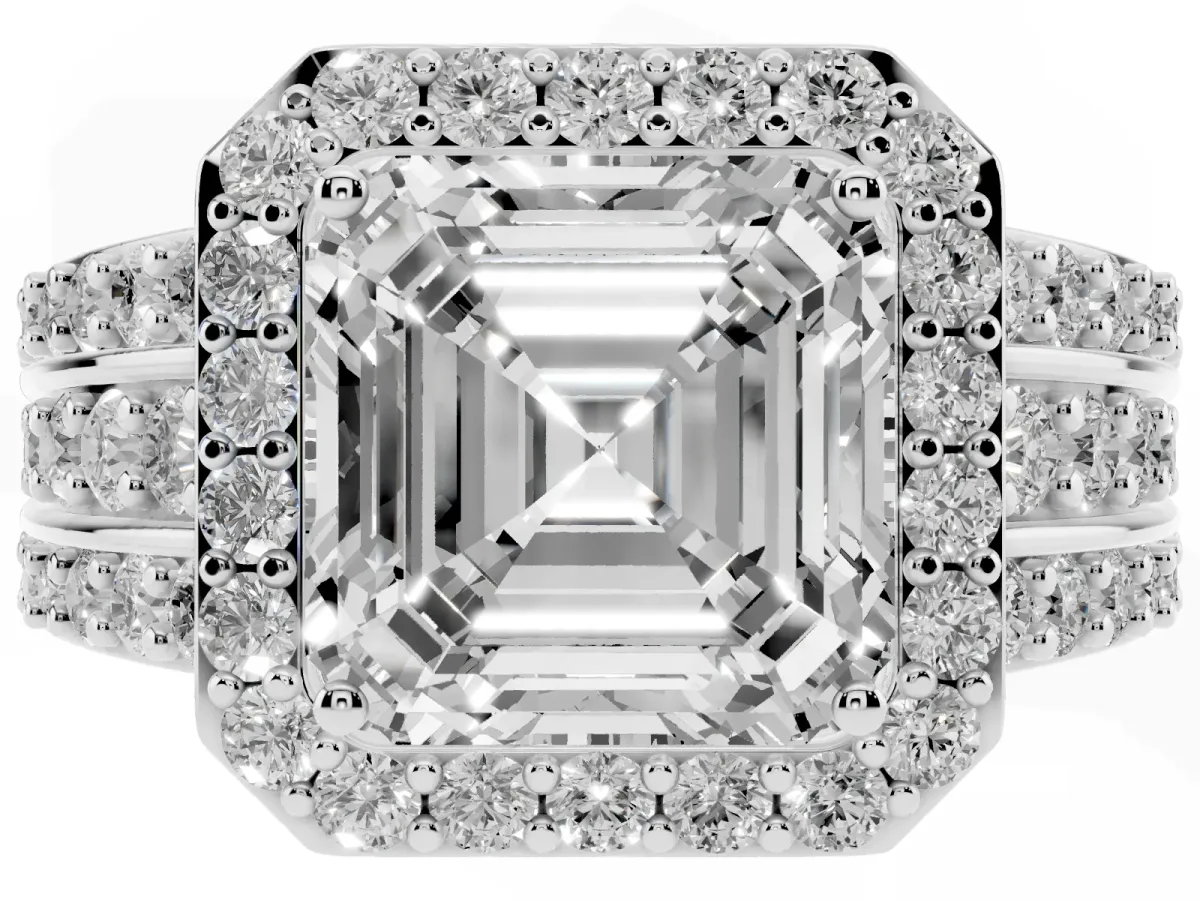 Asscher Cut Halo Diamond Ring with Round Split Shank and Prong Setting Silver