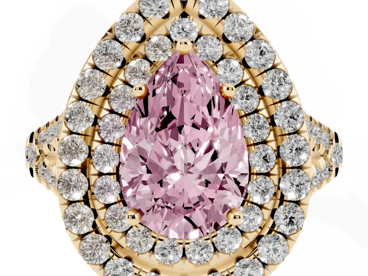 Fancy Pink Double Halo Pear Cut Diamond Pavé Split Shank Ring with Prong Setting Yellow gold