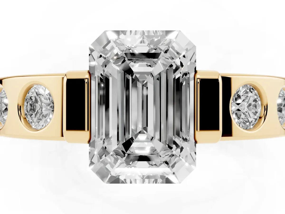 Emerald Cut Brilliant Channel-Set Diamond Ring with Bezel Prong Setting Yellow gold