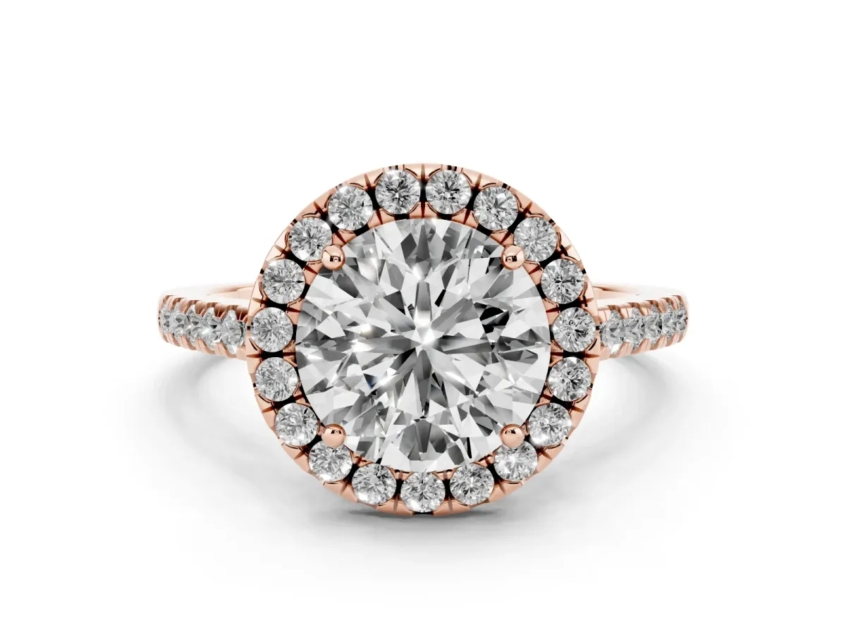 Round Cut Halo Pavé Diamond Engagement Ring with Four-Prong Setting Rose gold