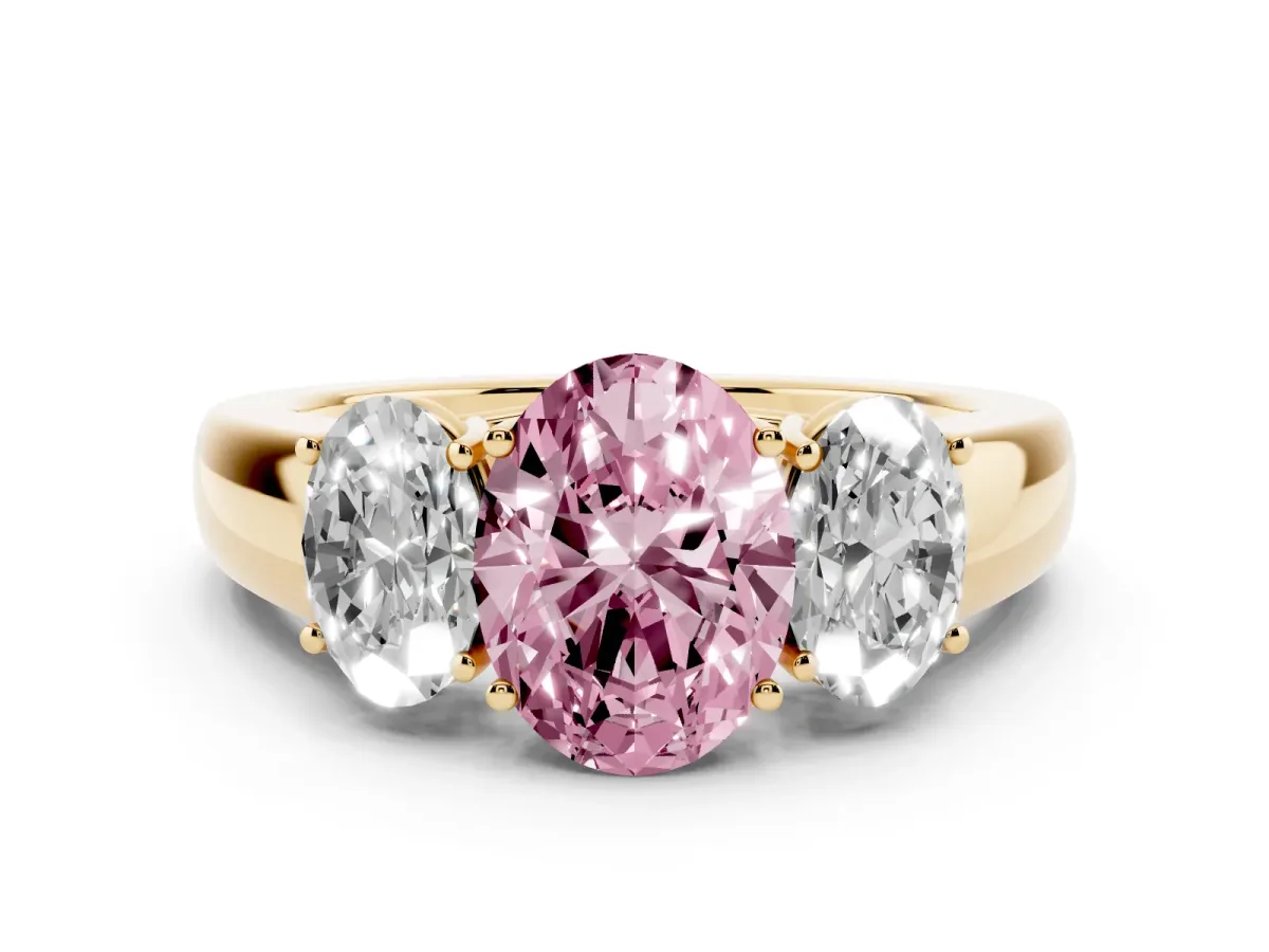 Fancy Pink Three-Stone Oval Cut Cut Diamond Ring with Prong Setting and Classic Band Yellow gold