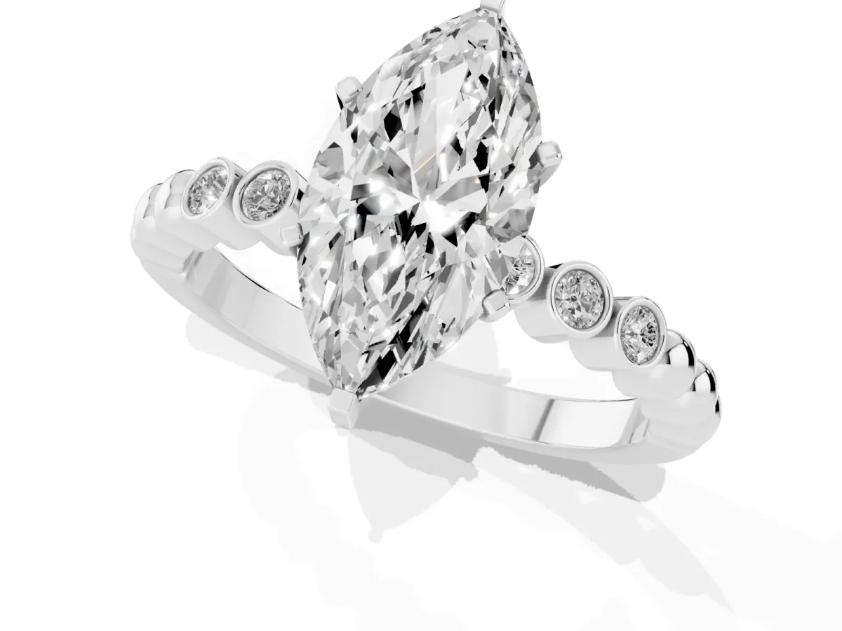 Marquise Cut Solitaire Bezel Accent Diamond Engagement Ring with Beaded Band and Four-Prong Setting Platinum