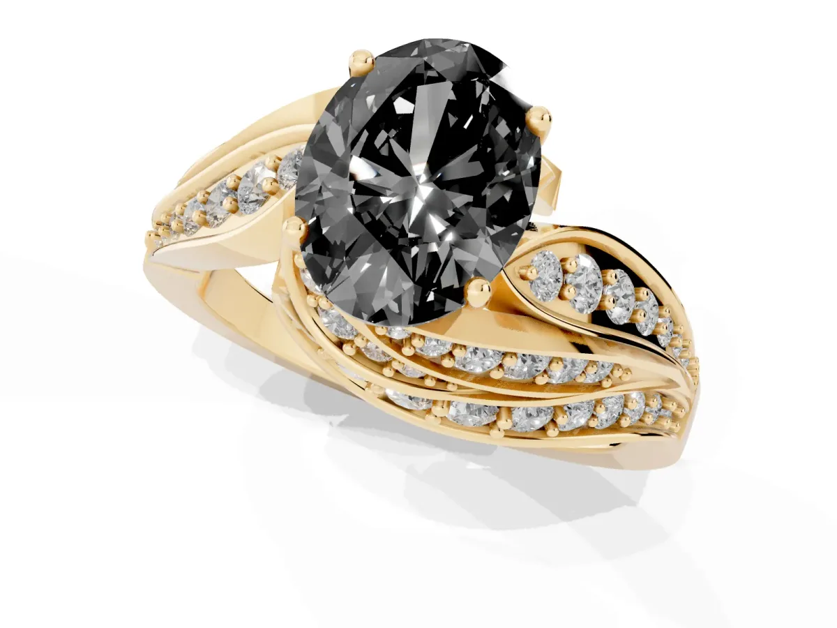Fancy Black Oval Cut Diamond Solitaire Ring with Prong Setting and Twisted Pavé Band Yellow gold