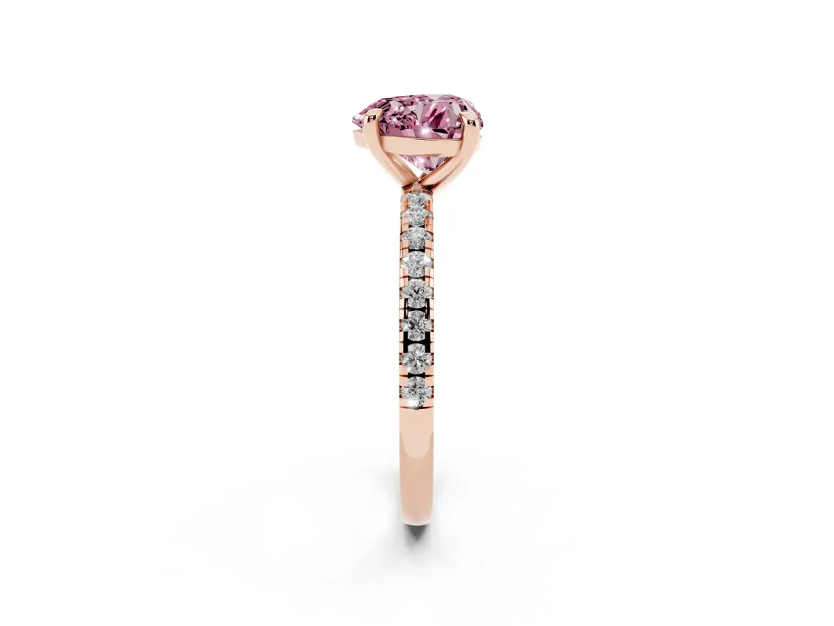 Fancy Pink Heart Cut Diamond Brilliant Solitaire Ring with Pavé Band and Four-Prong Setting Rose gold