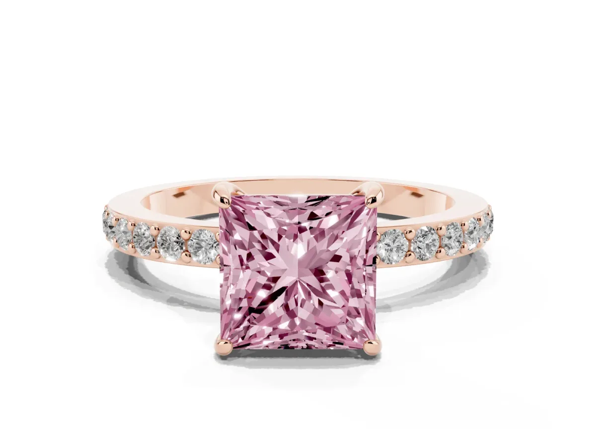 Fancy Pink Princess Cut Diamond Solitaire Engagement Ring with Pavé Band and Four-Prong Setting Rose gold