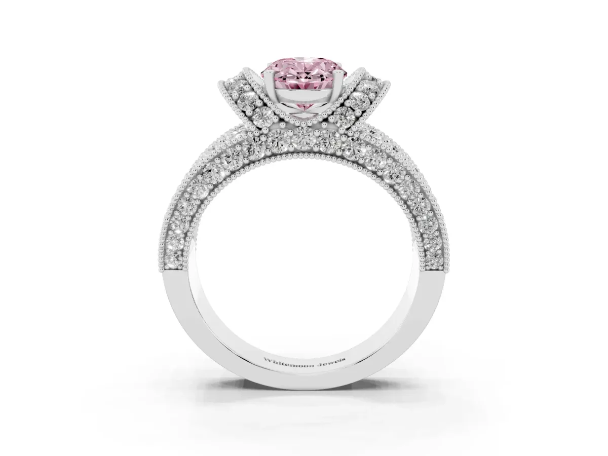 Fancy Pink Oval Cut Halo Pave Diamond Engagement Ring with Milgrain Detailing Silver