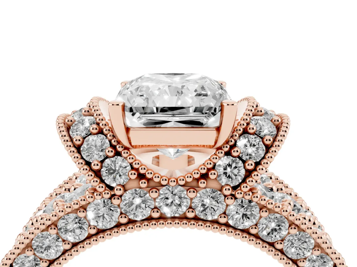 Radiant Cut Halo Pave Diamond Engagement Ring with Milgrain Detailing Rose gold
