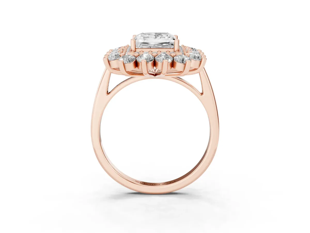 Princess Cut Diamond Floral Double Halo Engagement Ring with Prong Setting Rose gold