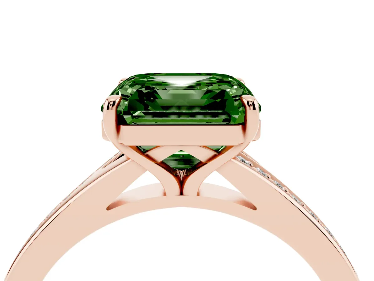 Fancy Green Asscher Cut Diamond Solitaire Ring with Pavé Band and Prong Setting Rose gold