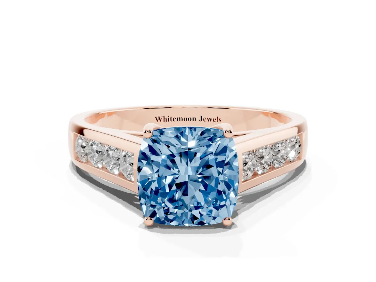 Fancy Blue Cushion Cut Solitaire Channel-Set Diamond Engagement Ring with Four-Prong Setting Rose gold