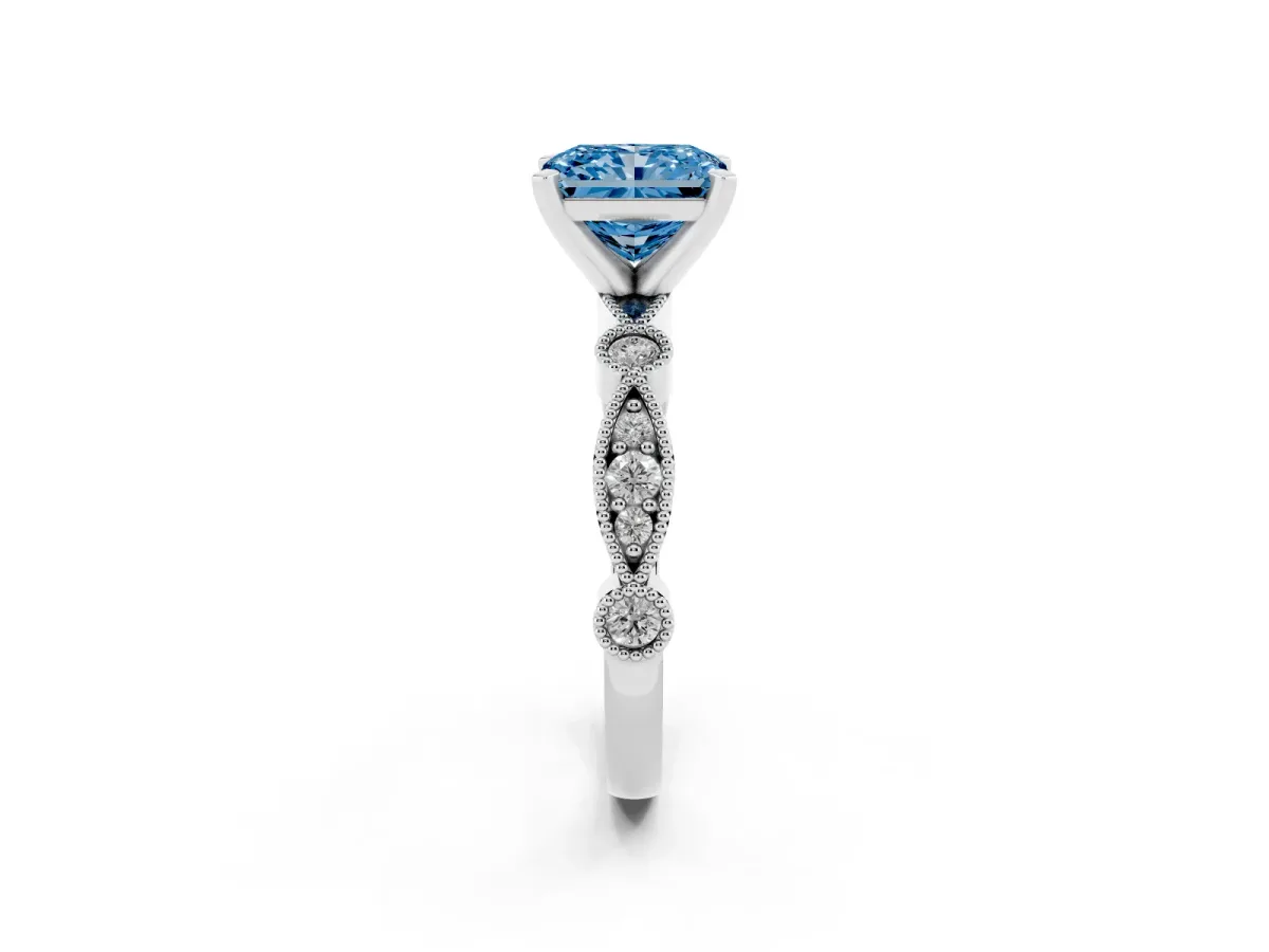 Fancy Blue Radiant Cut Milgrain Bezel Diamond Engagement Ring with Solitaire Prong Setting Silver