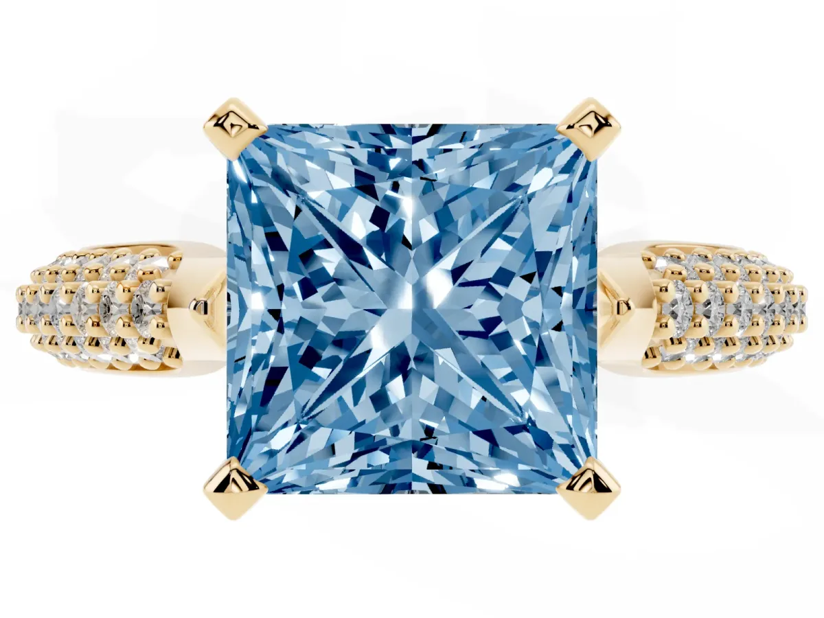 Fancy Blue Princess Cut Diamond Solitaire Engagement Ring with Multi-Row Round Pavé Band and Prong Setting Yellow gold