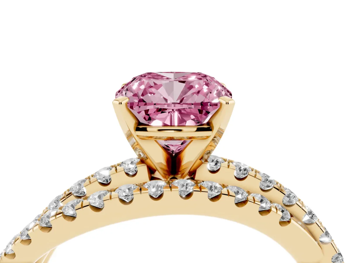 Fancy Pink Cushion Cut Solitaire Twist Band with Pavé Setting and Four-Prong Setting Yellow gold
