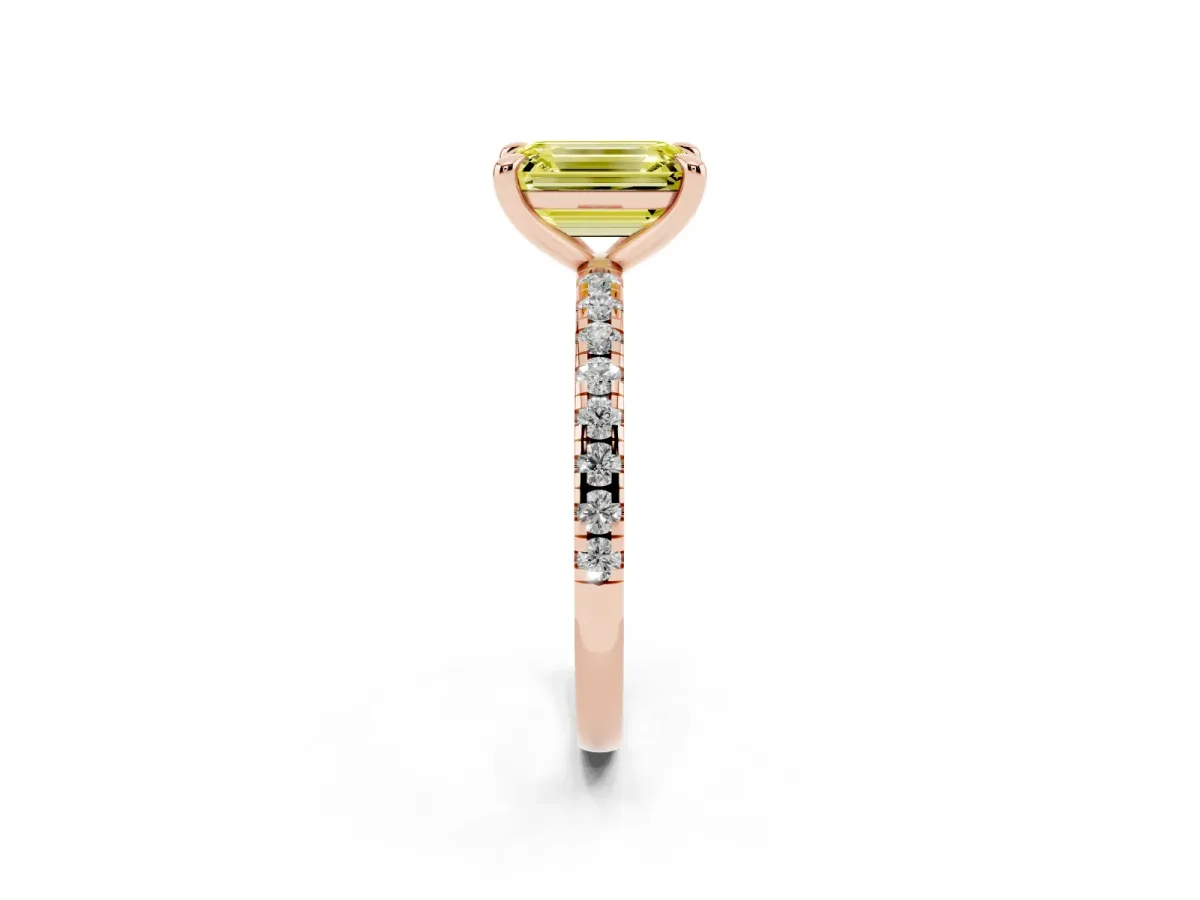 Fancy Yellow Emerald Cut Diamond Brilliant Solitaire Ring with Pavé Band and Four-Prong Setting Rose gold