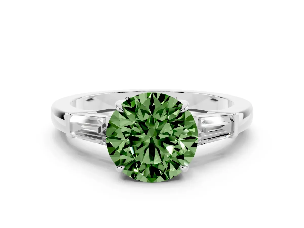 Fancy Green Round Cut Diamond Three-Stone Ring with Tapered Baguette Side Stones and Prong Setting Silver