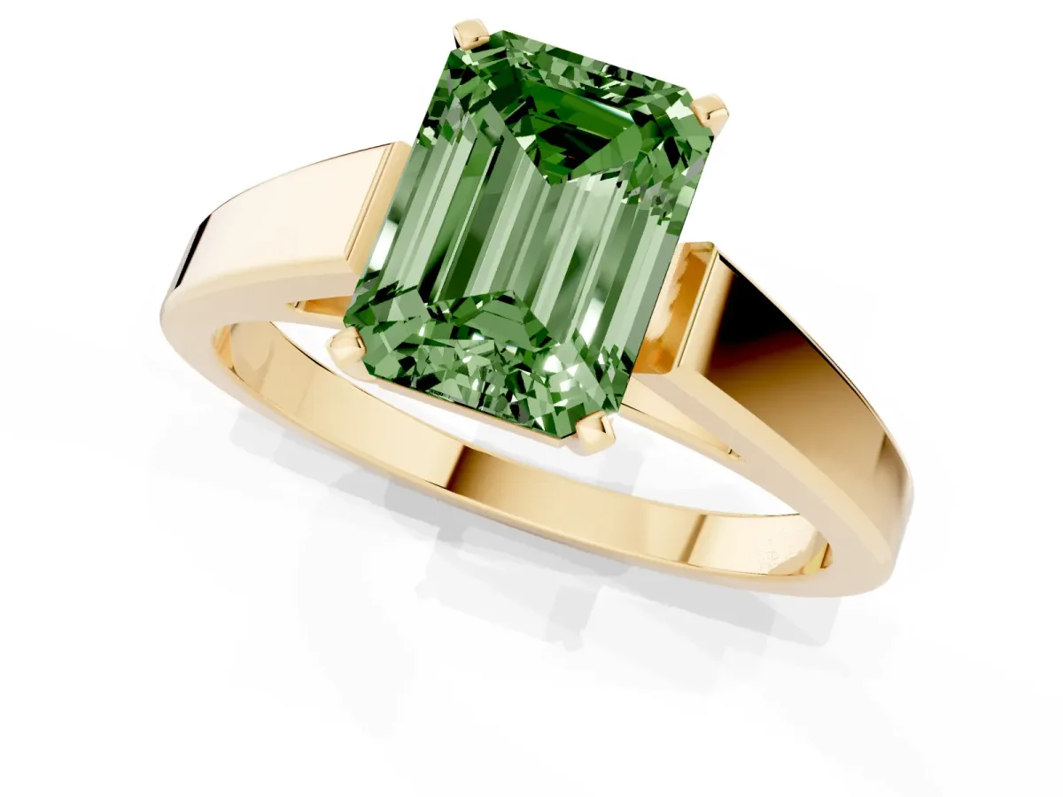 Fancy Green Emerald Cut Solitaire Engagement Ring with Four-Prong Setting and Tapered Band Yellow gold