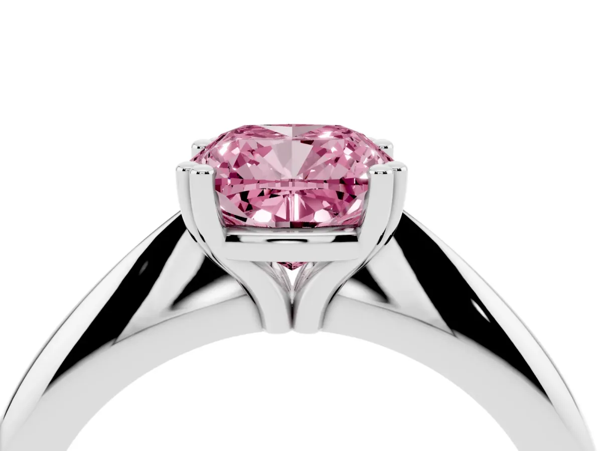 Fancy Pink Cushion Cut Cut Solitaire Engagement Ring with Tapered Band and Four-Prong Setting Silver
