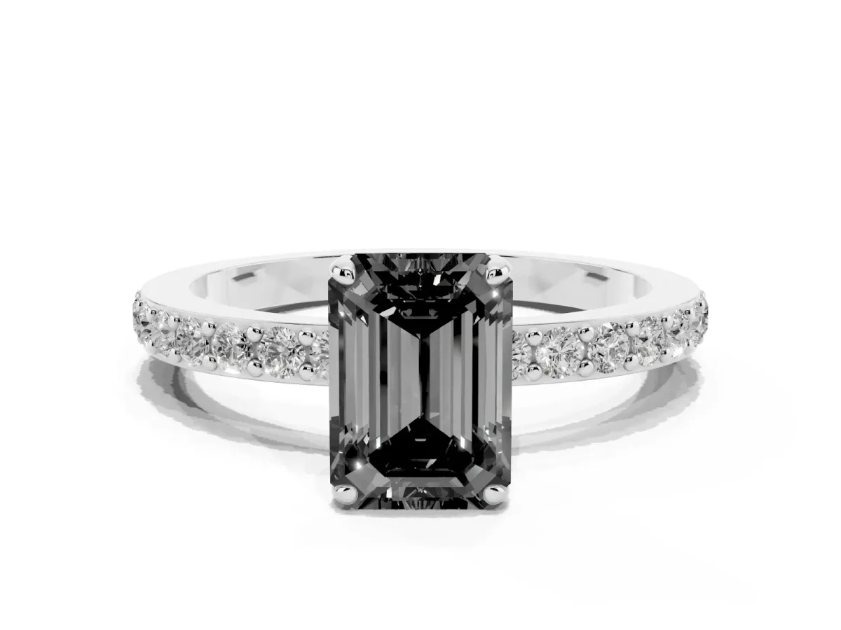 Fancy Black Emerald Cut Diamond Pavé Engagement Ring with Round Accents and Prong Setting Silver