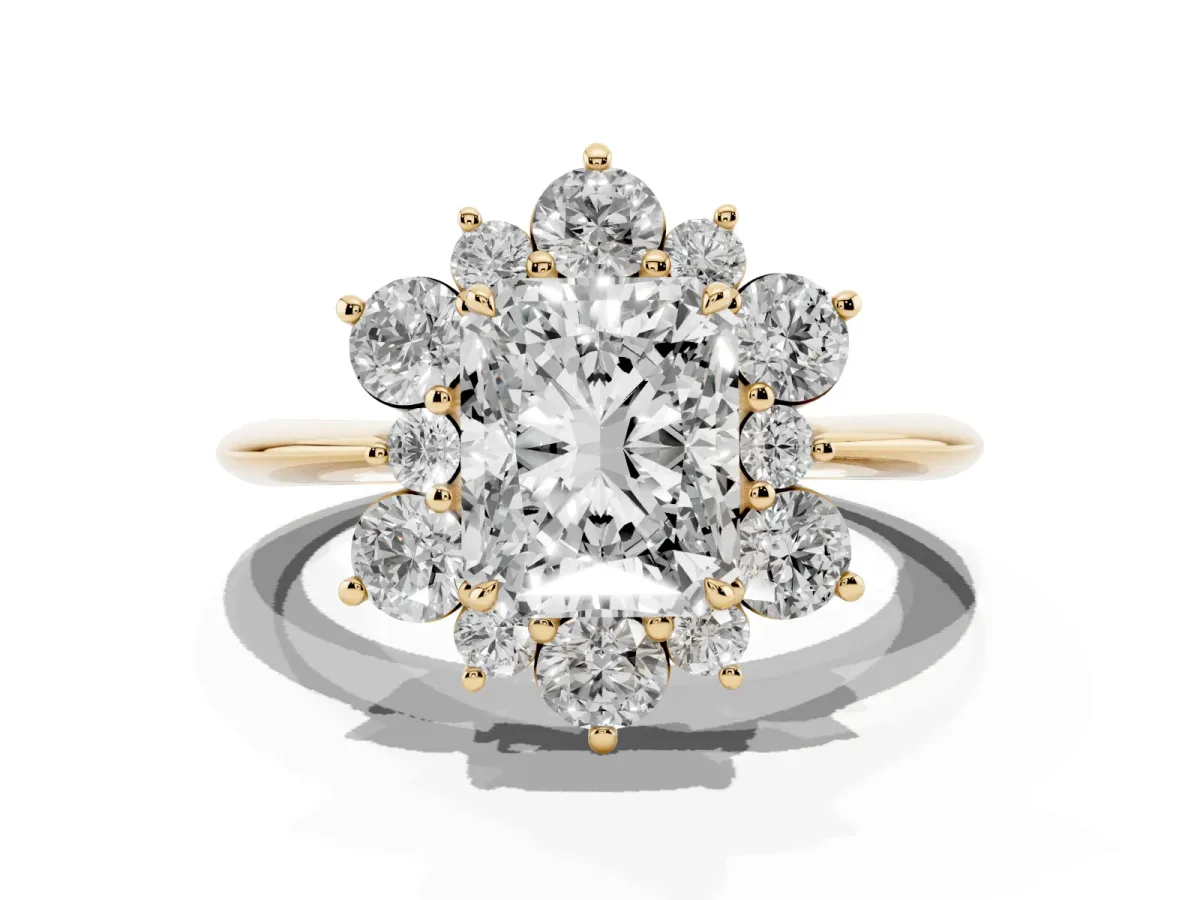 Radiant Cut Diamond Cluster Halo Ring with Solitaire Band and Four-Prong Setting Yellow gold