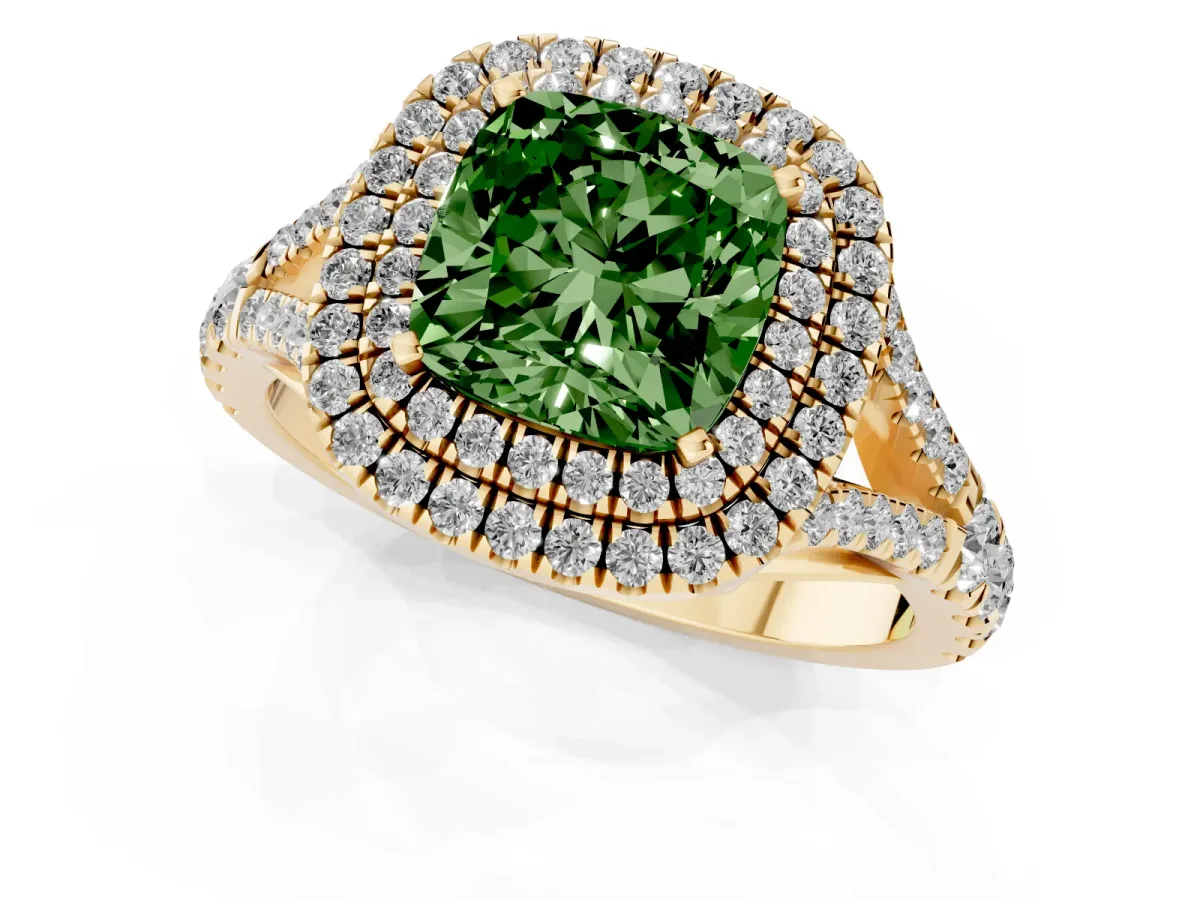 Fancy Green Cushion Cut Diamond Pavé Split Shank Double Halo Engagement Ring Yellow gold