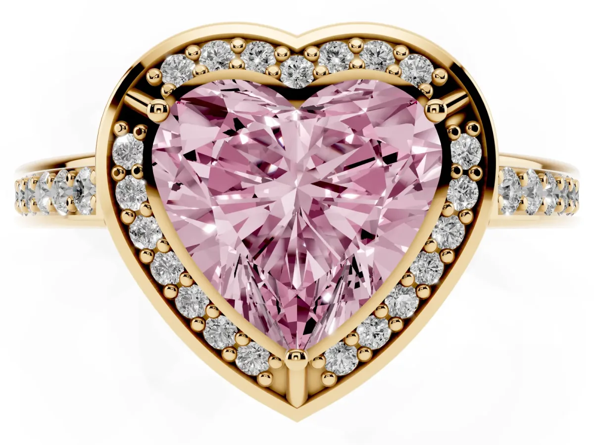 Fancy Pink Heart Cut Cut Halo Pave Split Shank Prong Setting Ring Yellow gold