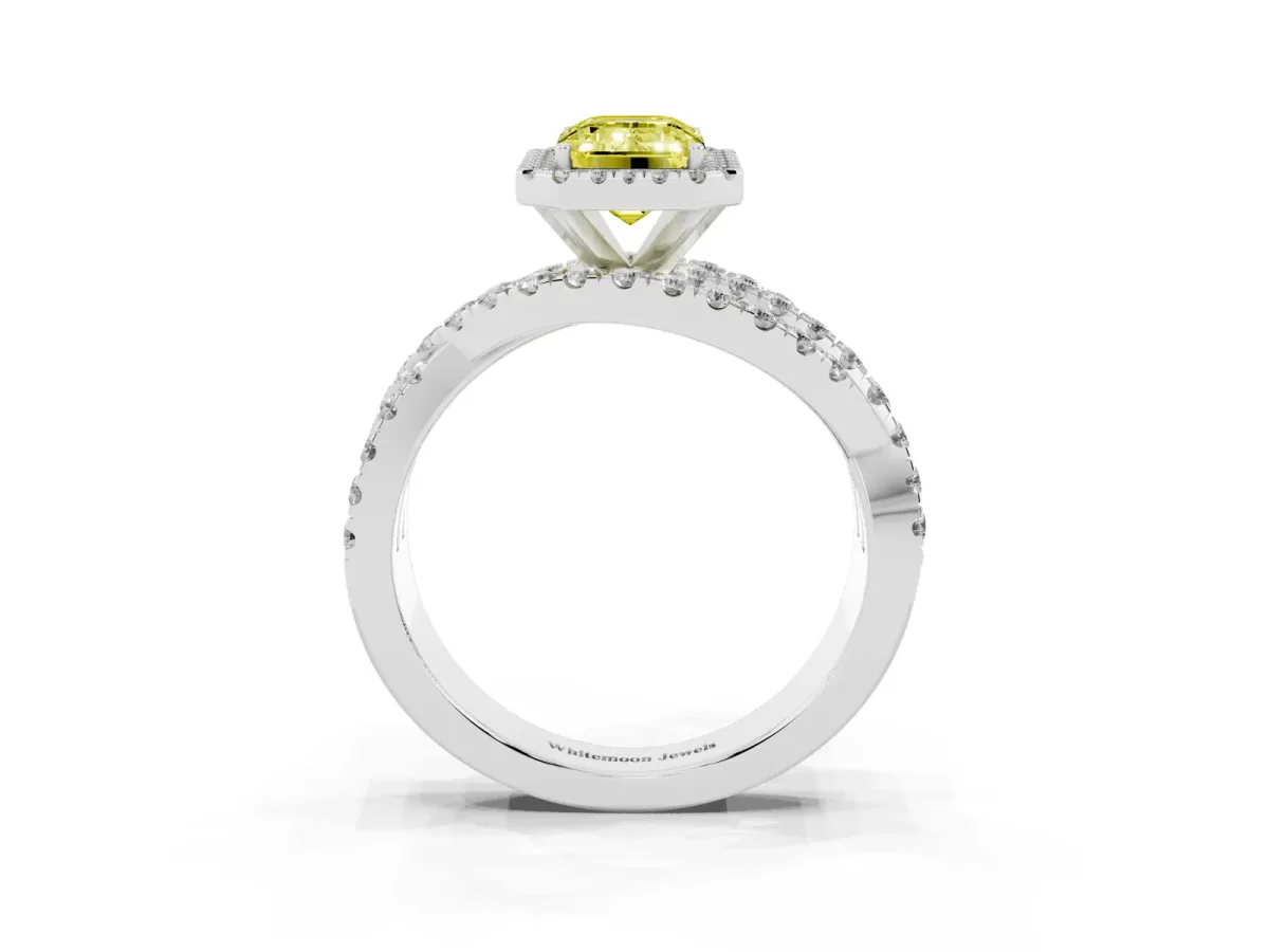 Fancy Yellow Emerald Cut Diamond Halo Ring with Round Split Shank and Prong Setting White gold