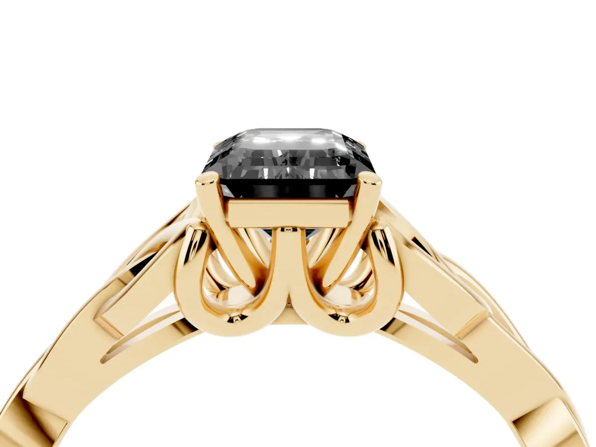 Fancy Black Emerald Cut Diamond Solitaire Engagement Ring with Celtic Knot Band and Four-Prong Setting Yellow gold