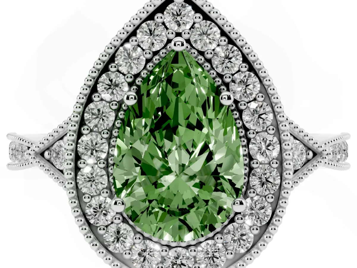 Fancy Green Pear Cut Halo Round Diamond Milgrain Pave Engagement Ring White gold