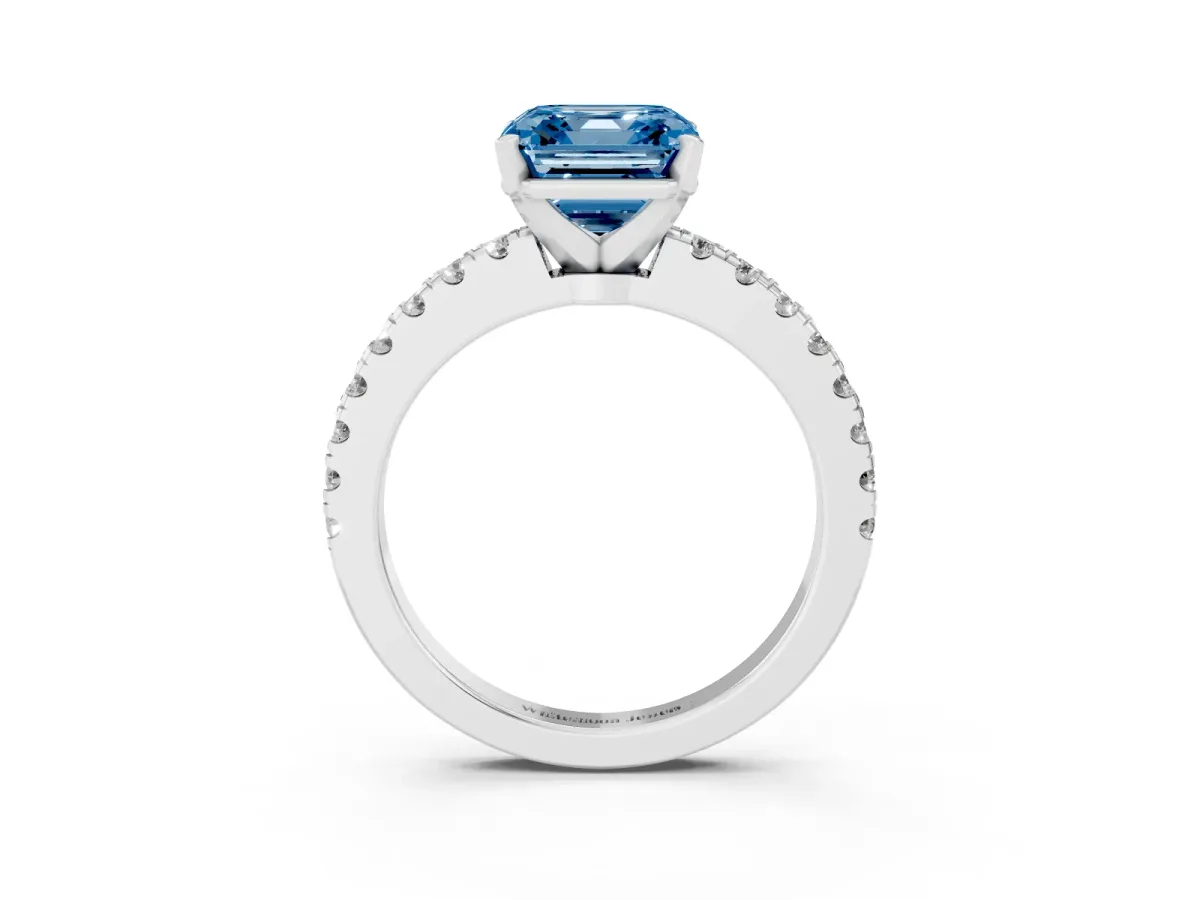 Fancy Blue Asscher Cut Solitaire Diamond with Pavé Band and Four-Prong Setting Silver