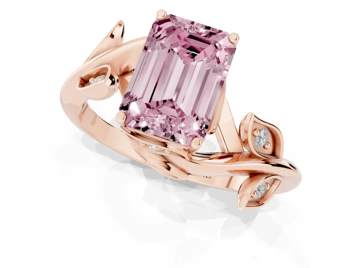 Fancy Pink Emerald Cut Solitaire Twist Engagement Ring with Leaf Accents and Prong Setting Rose gold
