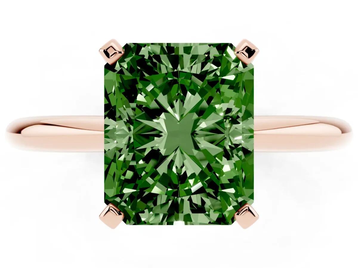 Fancy Green Radiant Cut Diamond Solitaire Ring with Prong Setting and Classic Band Rose gold