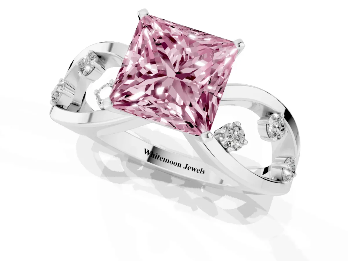 Fancy Pink Princess Cut Cut Solitaire Diamond with Side Stones on Criss-Cross Band and Four-Prong Setting Platinum