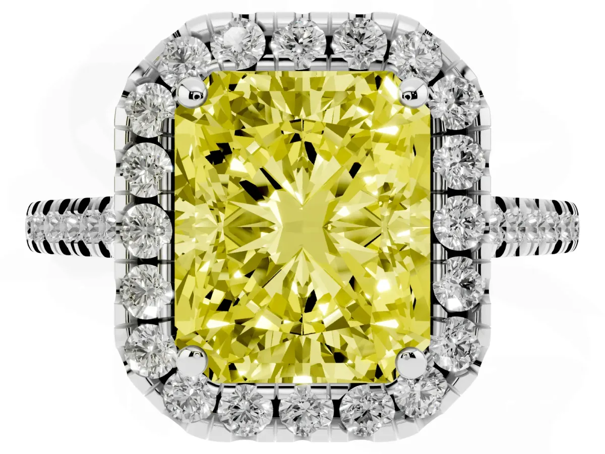 Fancy Yellow Radiant Cut Diamond Cushion Halo Ring with Pavé Band Silver