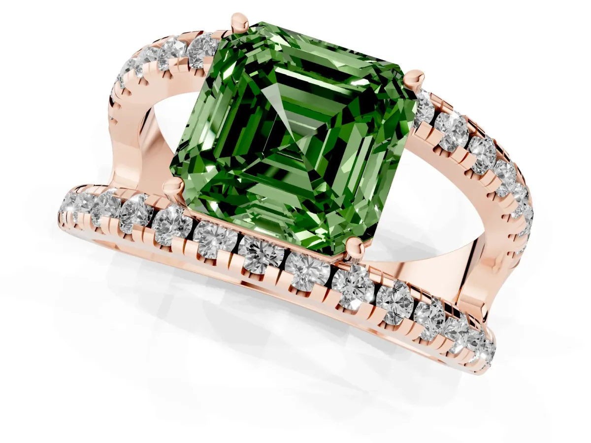 Fancy Green Asscher Cut Solitaire Split Shank Pave Diamond Ring Rose gold