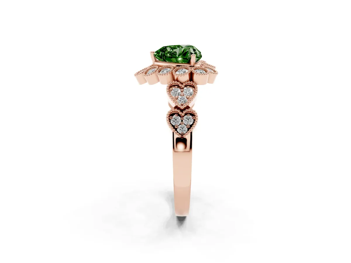 Fancy Green Heart Cut Brilliant Milgrain Pave Heart Band Solitaire Ring Rose gold