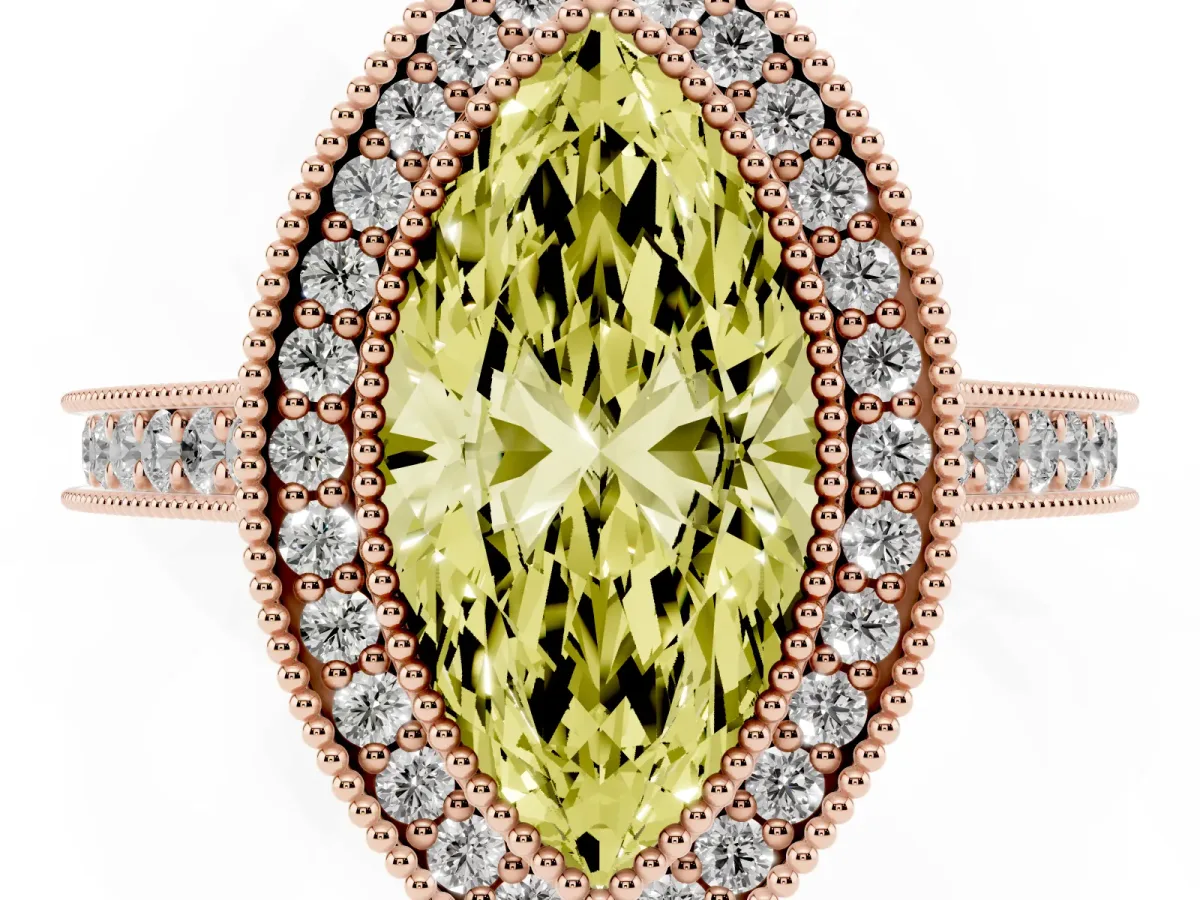 Fancy Yellow Halo Marquise Cut-Cut Diamond Pave Band Milgrain Prong Setting Ring Rose gold