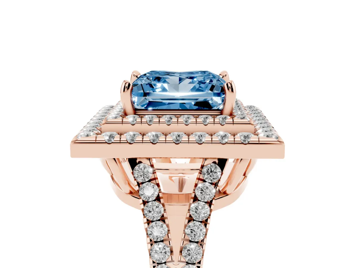 Fancy Blue Princess Cut Diamond Double Halo Ring with Pavé Band and Prong Setting Rose gold