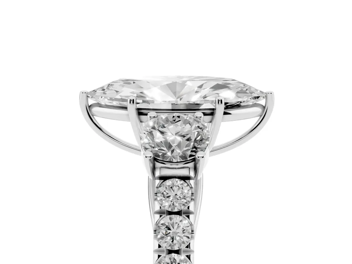 Marquise Cut Cut Diamond Three-Stone Ring with Round Side Stones and Pavé Band Silver
