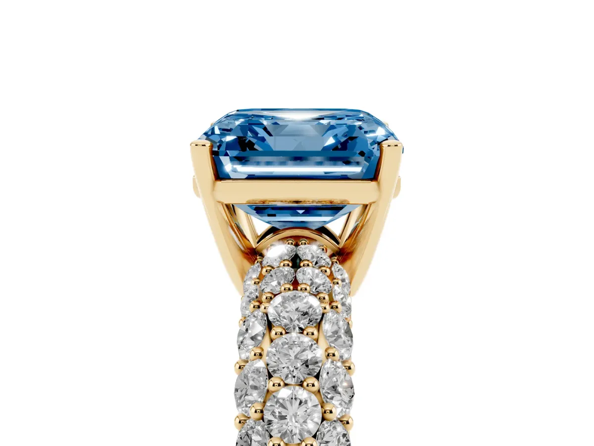 Fancy Blue Asscher Cut Diamond Pavé Band Solitaire Ring with Four-Prong Setting Yellow gold