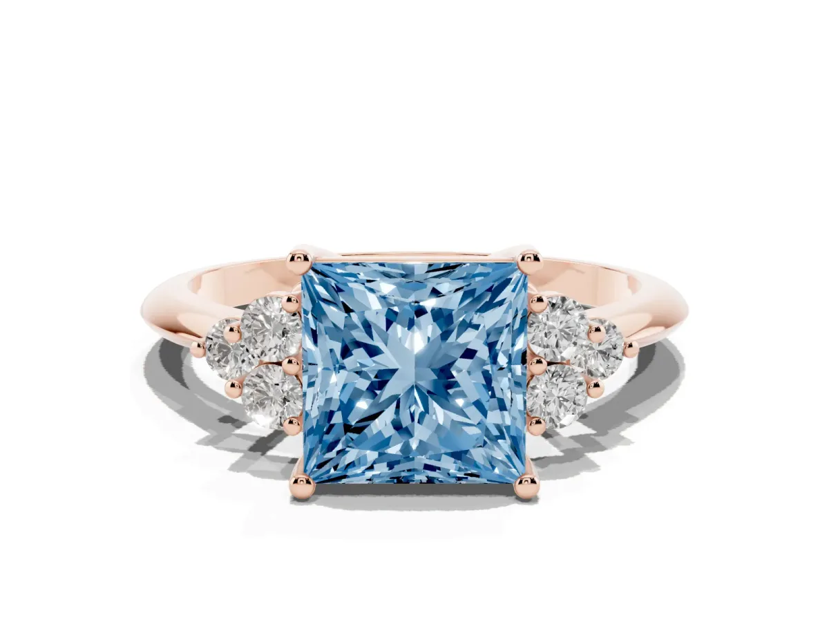 Fancy Blue Princess Cut Cut Diamond Cluster Ring with Solitaire Band and Four-Prong Setting Rose gold