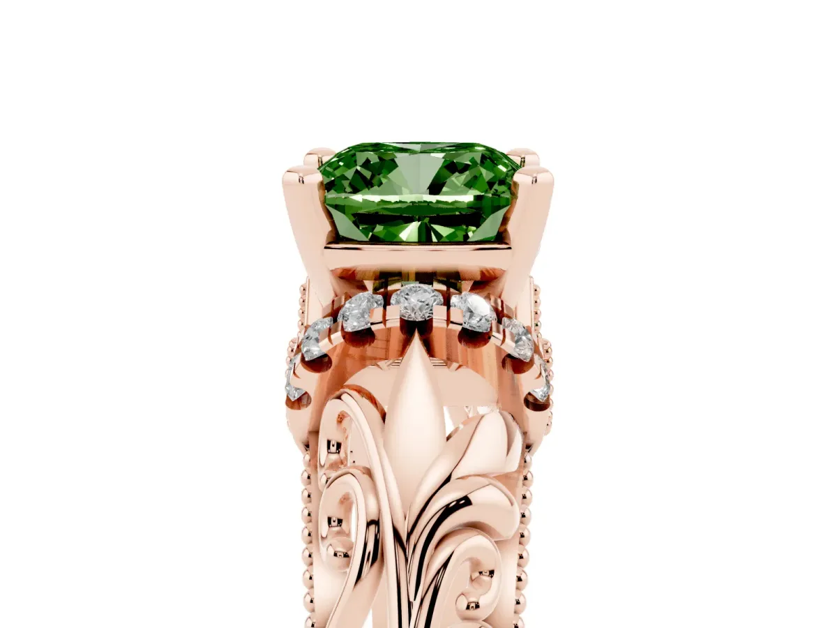 Fancy Green Cushion Cut Solitaire Filigree Engagement Ring with Halo and Prong Setting Rose gold