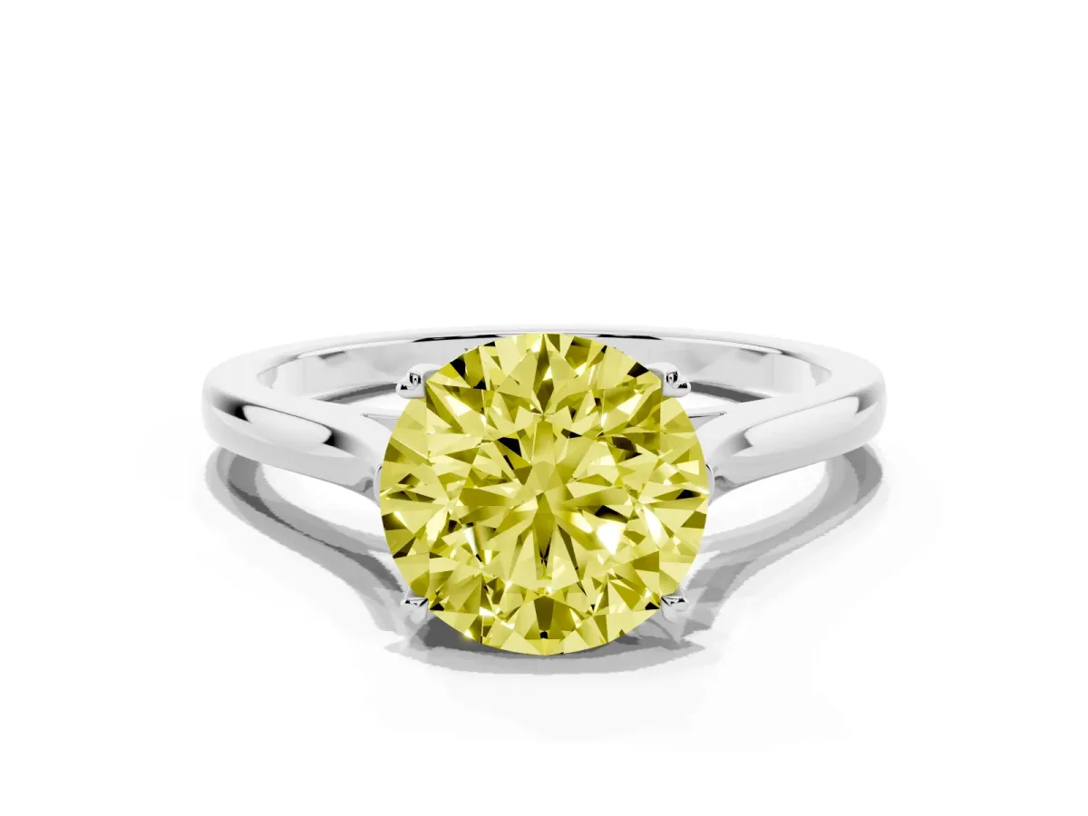 Fancy Yellow Round Cut Solitaire Heart Prong Engagement Ring with Tapered Band White gold