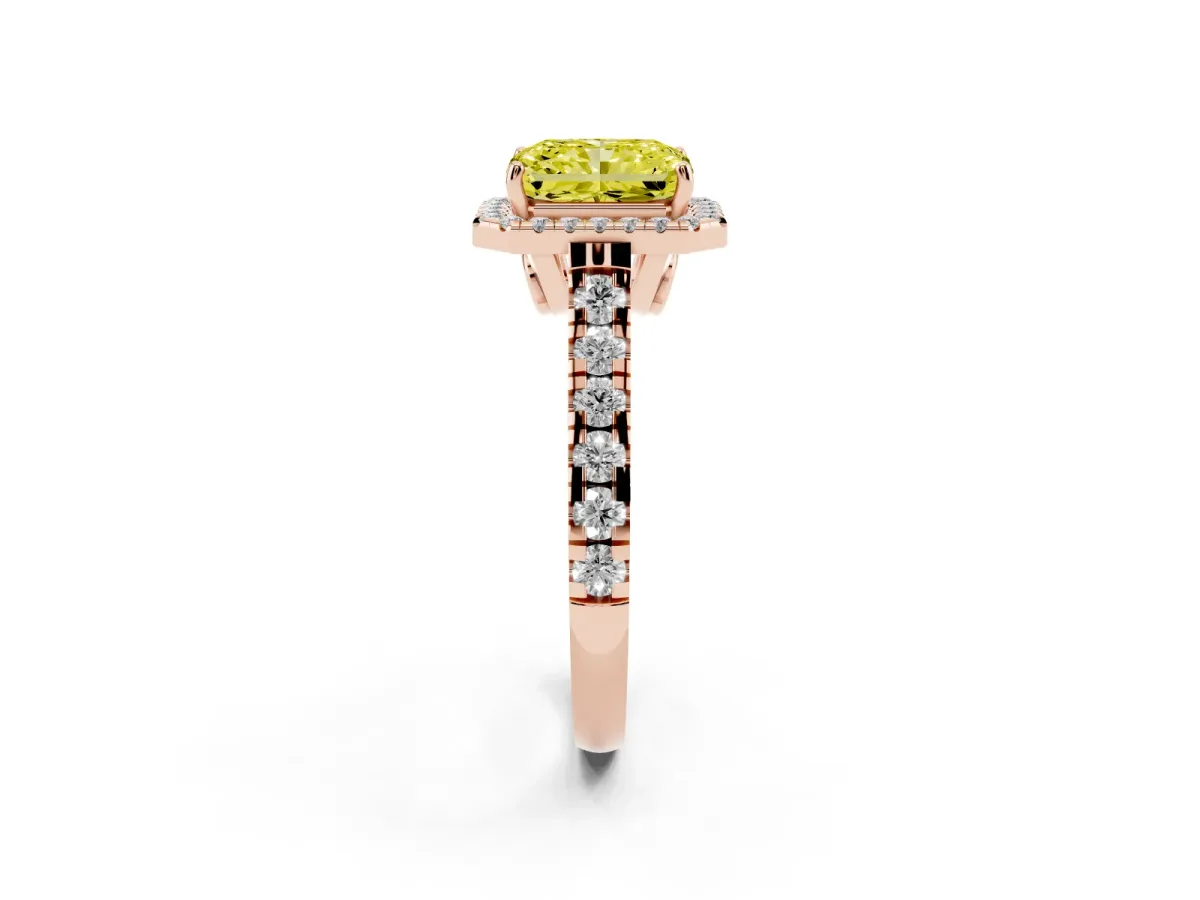 Fancy Yellow Radiant Cut Halo Pavé Diamond Engagement Ring with Four-Prong Setting Rose gold