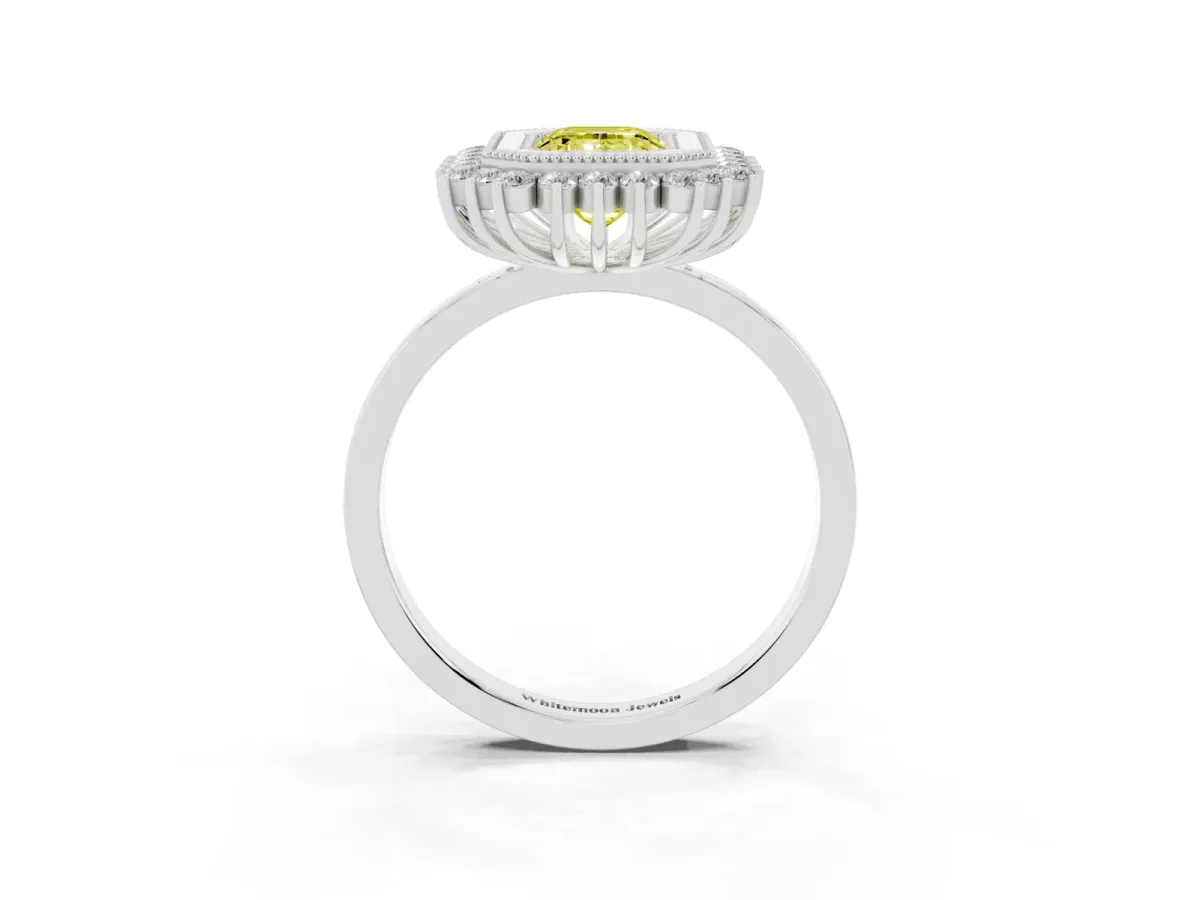 Fancy Yellow Emerald Cut Halo Diamond Ring with Milgrain Edge and Round Prong Setting Silver