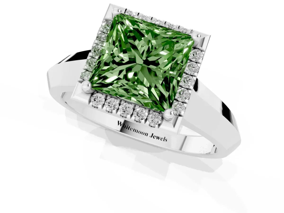 Fancy Green Princess Cut Halo Diamond Ring with Cathedral Band and Four-Prong Setting White gold