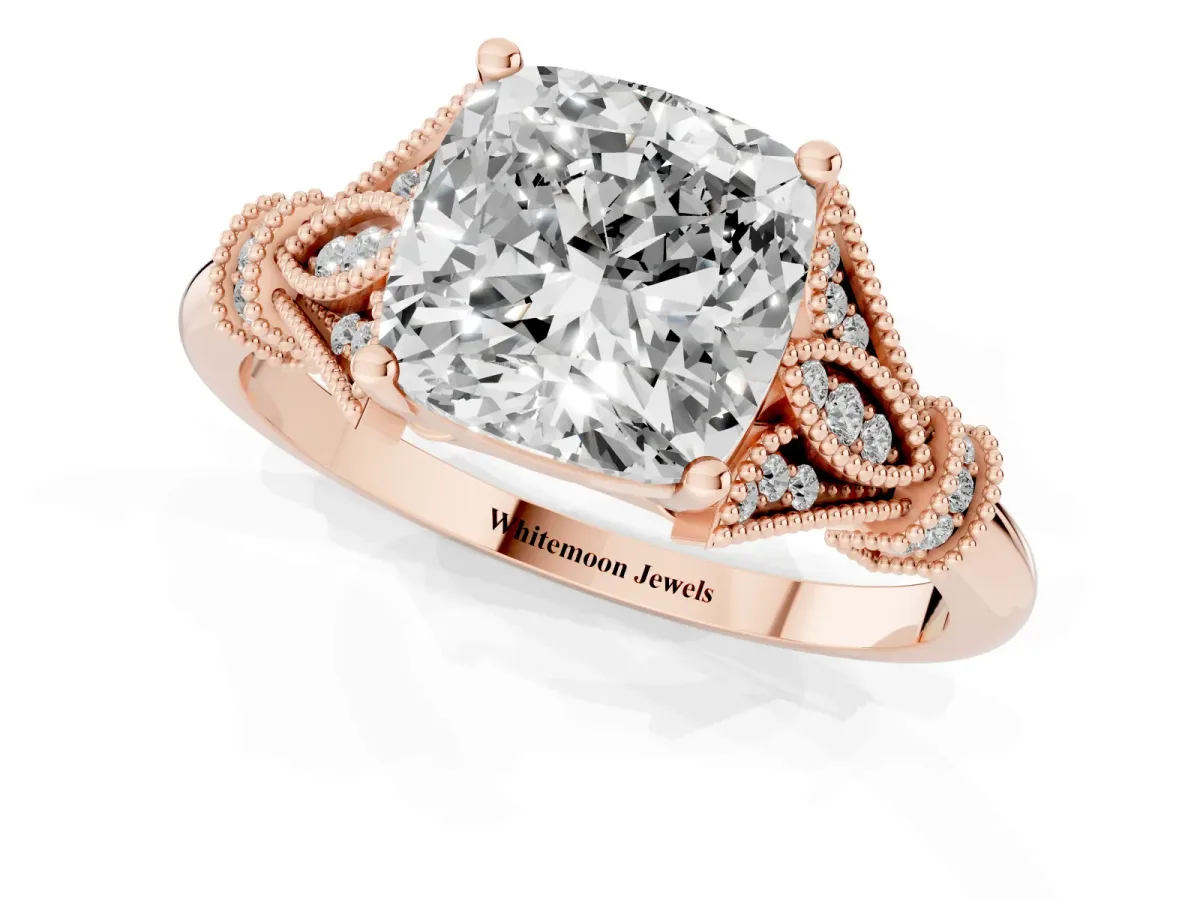 Cushion Cut Diamond Solitaire Ring with Floral Filigree and Pave Accents Rose gold